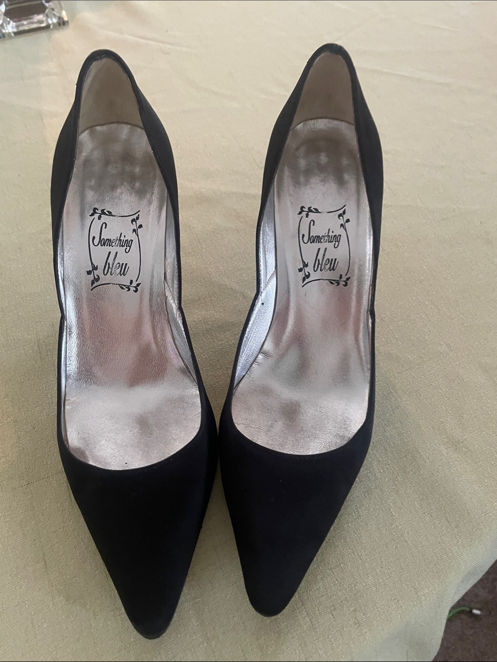 Something Bleu Bridal Black Pointed-Toe Heels with Silver Interior